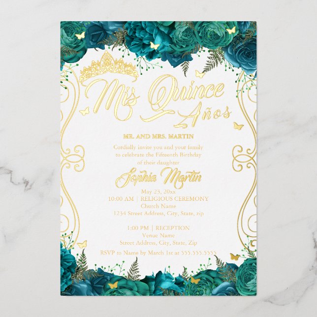 Floral Gold Teal Scroll Mis Quince Quinceanera  (Front)