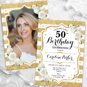 Floral Gold White Photo 50th Birthday Invitation