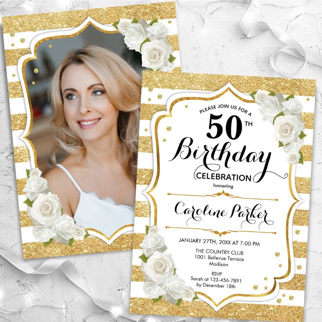 Floral Gold White Photo 50th Birthday Invitation (Creator Uploaded)