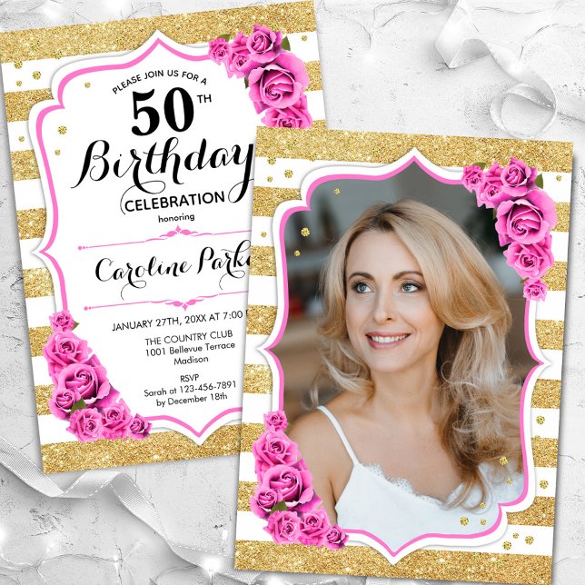 Floral Gold White Pink Photo 50th Birthday Invitation (Creator Uploaded)