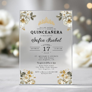 Floral Gold White Princess Quinceanera Acrylic Invitations