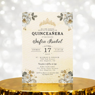 Floral Gold White Princess Quinceanera Invitation
