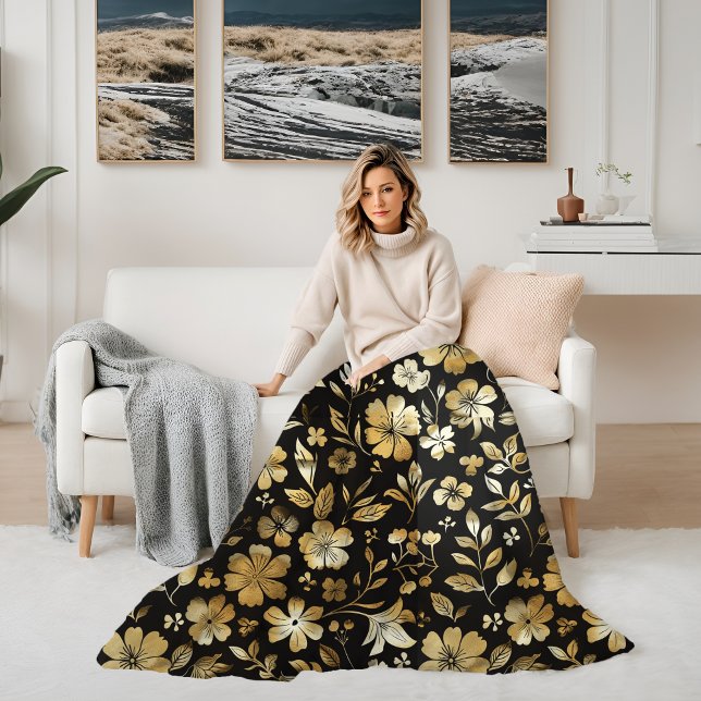 Floral Golden and Black Elegant  Fleece Blanket (Floral Golden and Black Elegant Fleece Blanket)