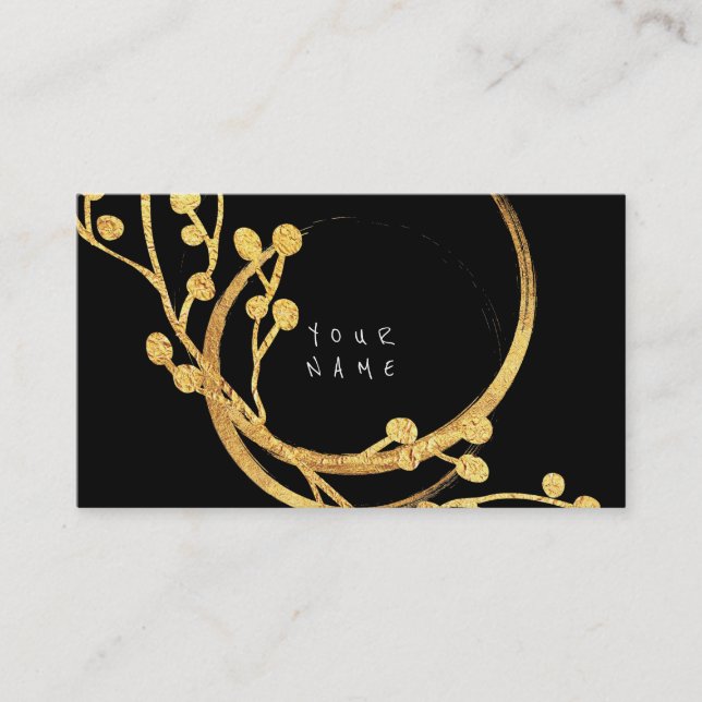 Floral Golden Foil Glass Black Glam Vip Business Card (Front)