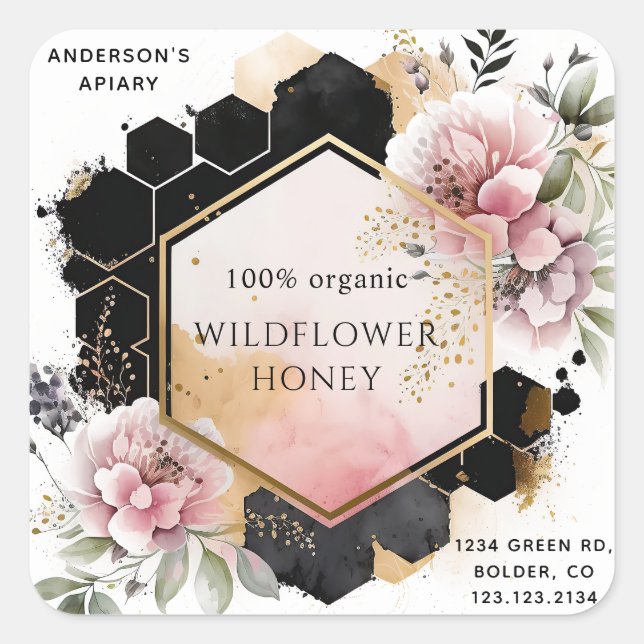 floral golden honey jar apiary square sticker (Front)