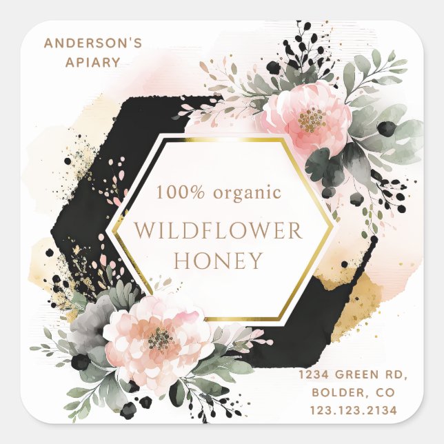 floral golden honey jar apiary square sticker (Front)
