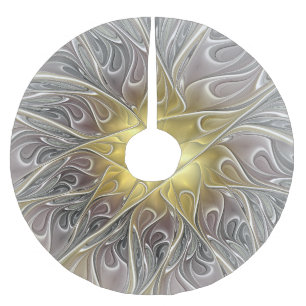 Floral, Golden Modern Abstract Fractal Art Flower Brushed Polyester Tree Skirt