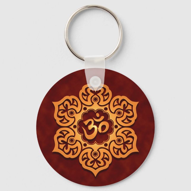 Floral Golden Red Aum Design Key Ring (Front)
