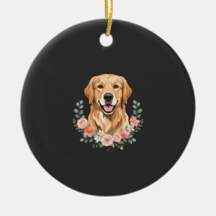 Floral Golden Retriever Dog Portrait Sublimation Ceramic Ornament