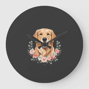 Floral Golden Retriever Dog Portrait Sublimation Large Clock