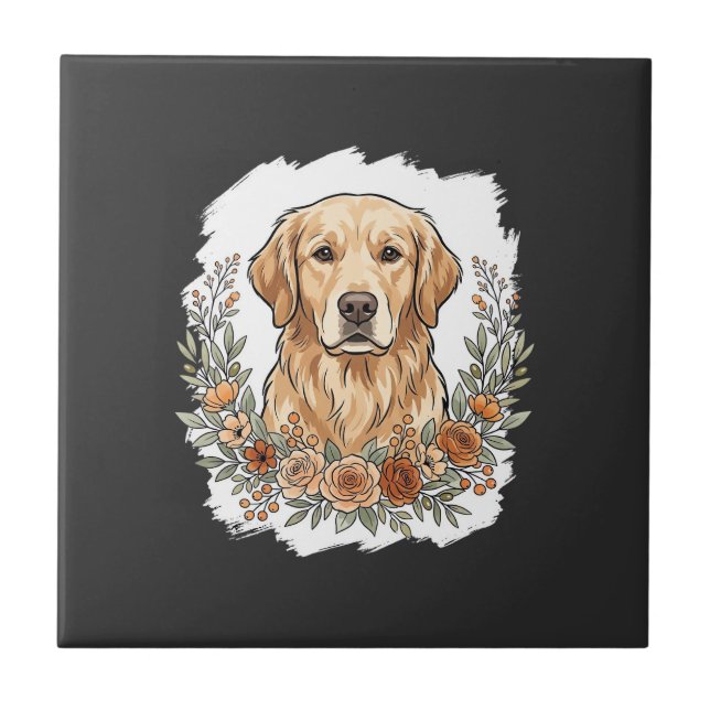 Floral Golden Retriever Sublimation Ceramic Tile (Front)