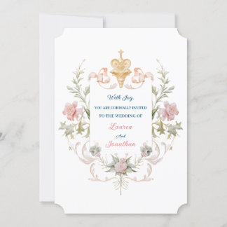 Floral Golden Royal Crest & Blush Roses Wedding Invitation