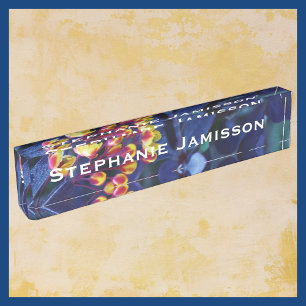 Floral Golden Yellow Flowers, Blue, Name Nameplate
