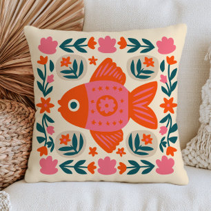 Floral Goldfish Illustration Eclectic Botanical Cushion