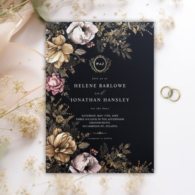 Floral Gothic Black Monogram Wedding Invitation (Floral Gothic Black Monogram Wedding Invitation)