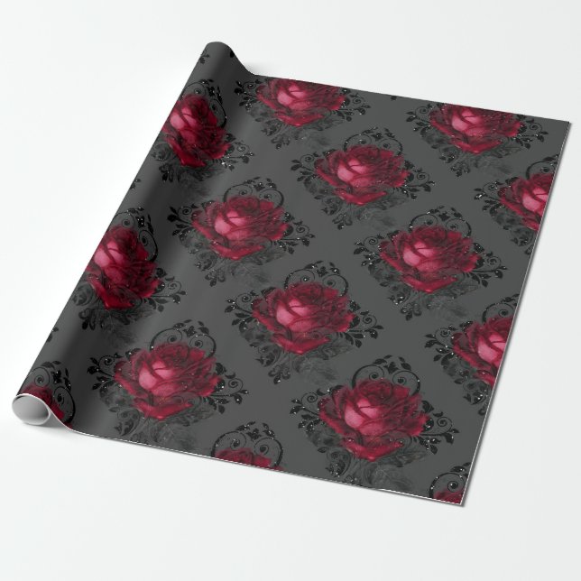 Floral Gothic Grunge Christmas Pattern Wrapping Paper (Unrolled)