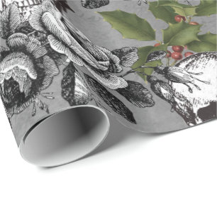 Floral Gothic Grunge Christmas Skull Pattern Wrapping Paper