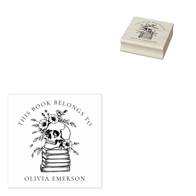Floral Gothic Skull Personal Library Book Rubber Stamp (Stamped)