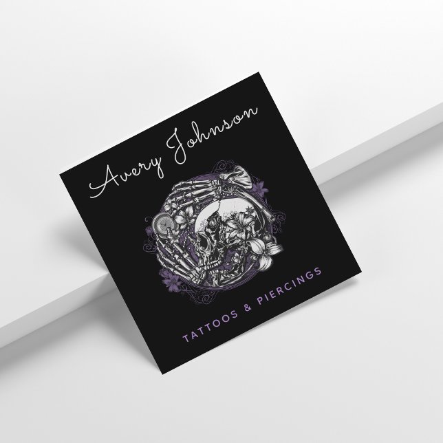 Floral Gothic Skull Tattoo Artist Social Media  Square Business Card (Creator Uploaded)