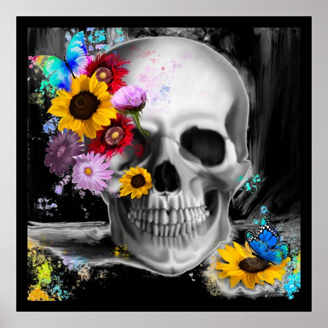 Floral gothic skull with paint splatters poster (Front)