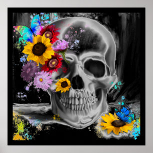 Floral gothic sugar skull flowers butterflies poster