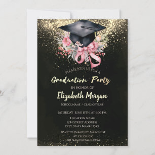 Floral Grad Cap, Bow Confetti Graduation Party Invitation