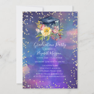 Floral Grad Cap,Diamonds Paint Splash Graduation Invitation