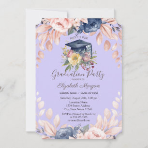 Floral Grad Cap,Flowers Light Purple Graduation  Invitation