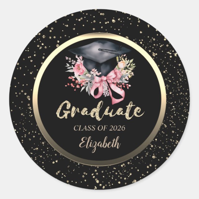 Floral Grad Cap Pink Bow Confetti   Classic Round Sticker (Front)