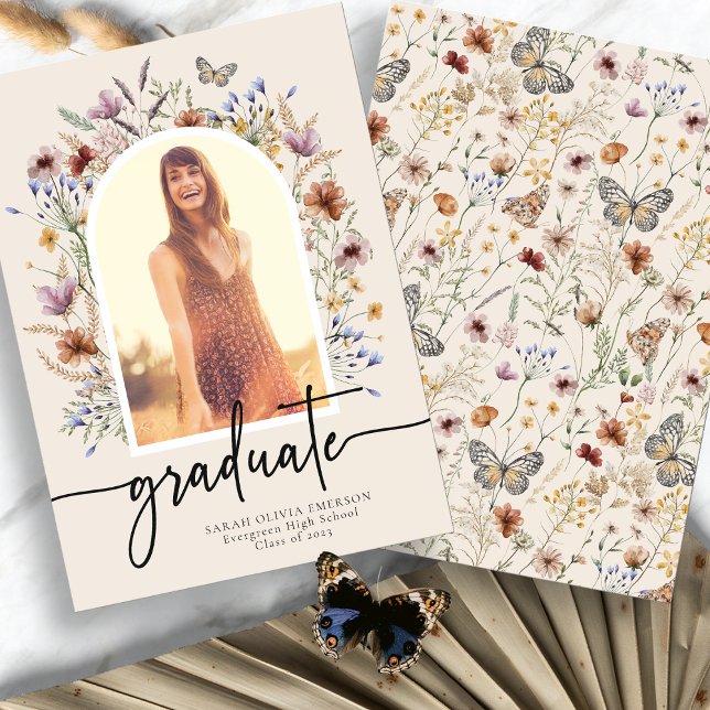 Floral Graduate Announcement (Floral Boho Watercolor Graduate Announcement with Butterfly by Painted Paperie
)