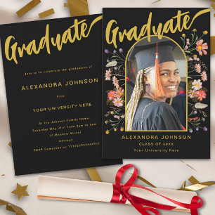 Floral Graduate Photo Black Gold Script Grad Party Invitation