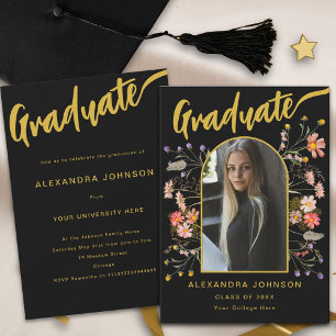 Floral Graduate Photo Gold Script Graduation Party Invitation