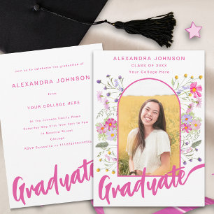 Floral Graduate Photo Pink Script Graduation Party Invitation