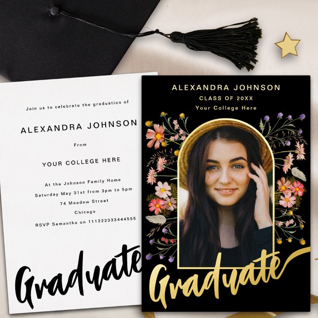 Floral Graduate Photo Script Graduation Party Gold (Boho floral arch graduate photo black and gold foil script Graduation party invitation)