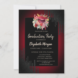 Floral Graduation Cap,Black Drips Dark Red Invitation
