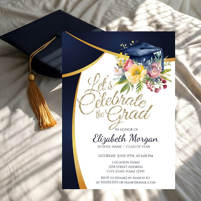 Floral Graduation Cap,Blue Graduation Invitation (Creator Uploaded)