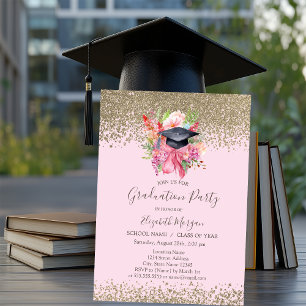 Floral Graduation Cap,Diamonds Pink Graduation Invitation
