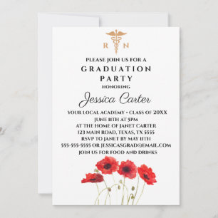 Floral Graduation Nurse Typography Poppies Invitation
