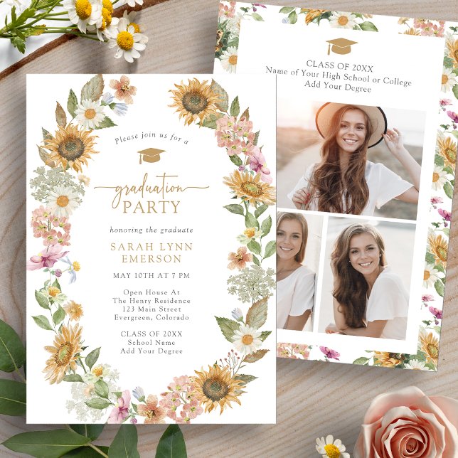 Floral Graduation Party Invitation (Watercolor Floral Graduation Party Invitation with Photo Collage by Painted Paperie
)