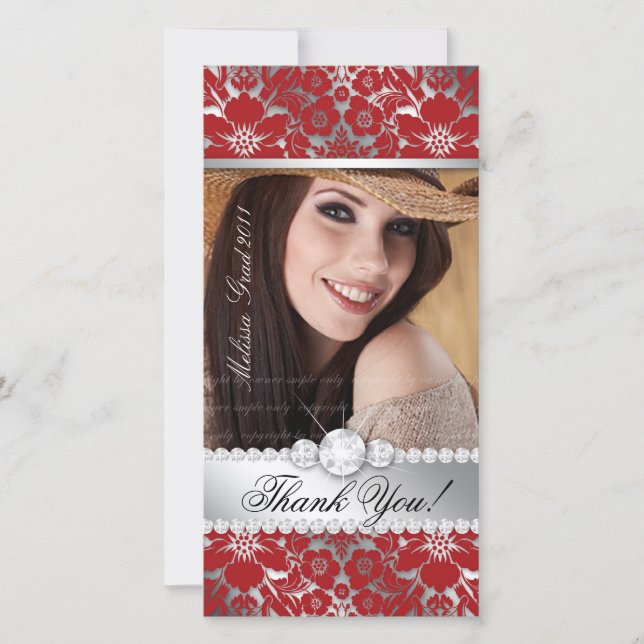 Floral Graduation Photo Card Silver Red Damask (Front)
