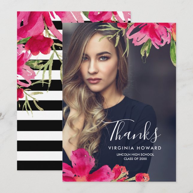 Floral Graduation Thank You Photo Card (Front/Back)