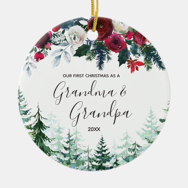 Floral Grandma & Grandpa First Christmas Ornament (Front)