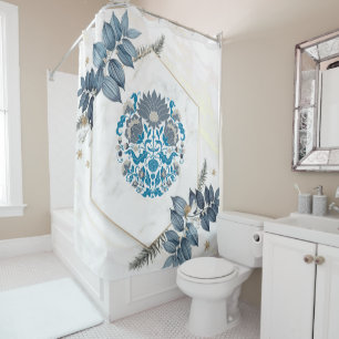 Floral Graphic Artwork, Teal Floral Mandala Shower Curtain