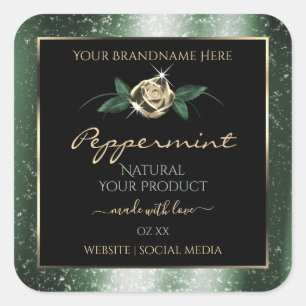 Floral Green and Gold Frame Black Product Labels