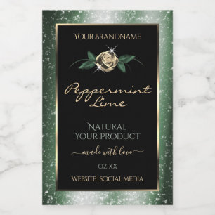 Floral Green and Gold Frame Black Product Labels