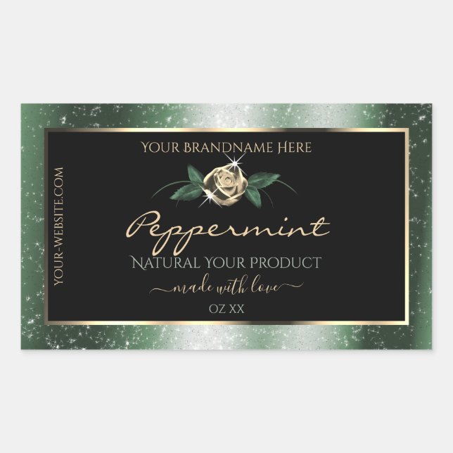 Floral Green and Gold Frame Black Product Labels (Front)