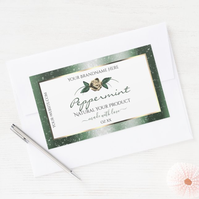 Floral Green and Gold Frame White Product Labels (Envelope)