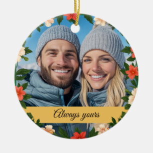 Floral Green and Yellow Engagement Photo Boyfriend Ceramic Ornament