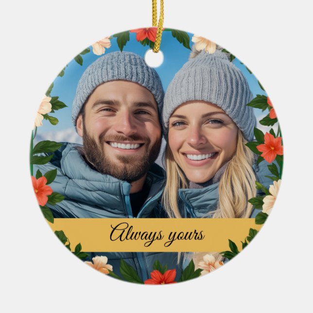 Floral Green and Yellow Engagement Photo Boyfriend Ceramic Ornament (Front)