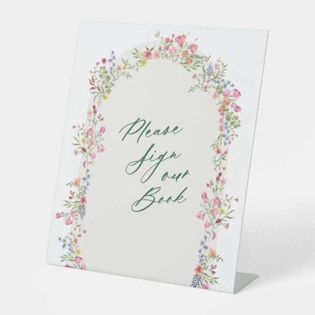 floral green arch guest book wedding pedestal sign (Front)